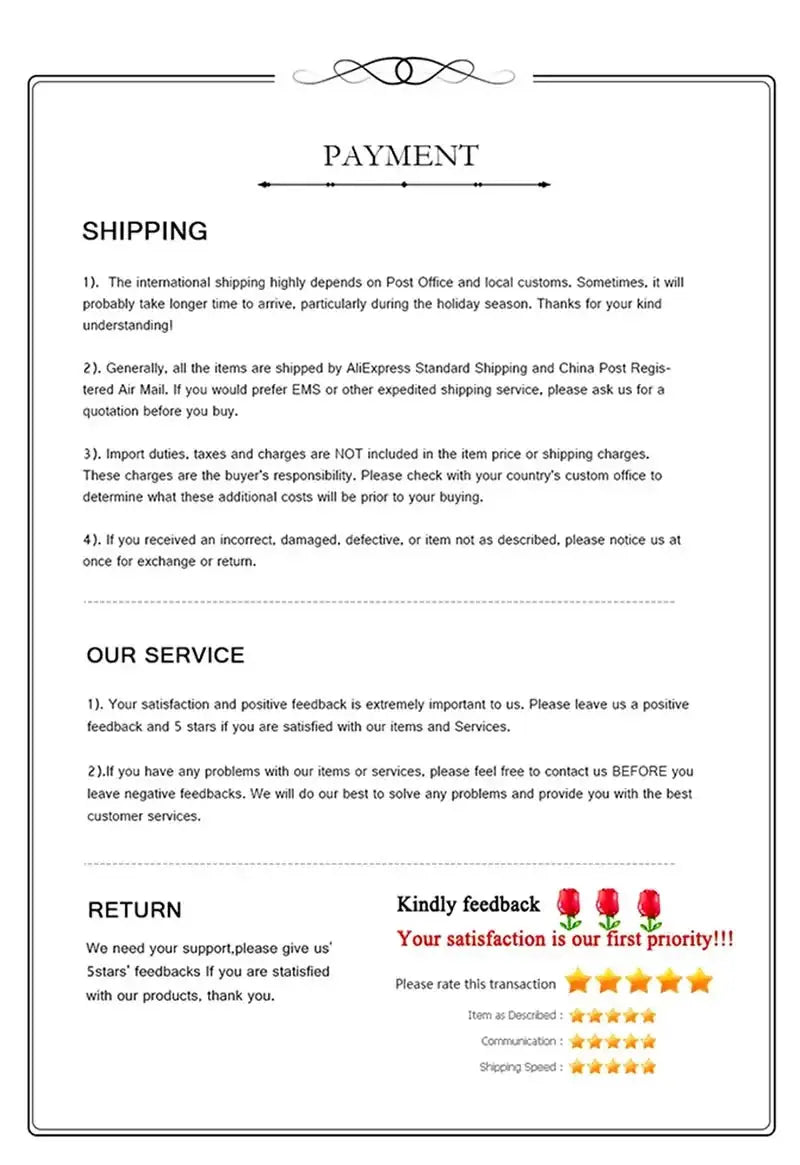 Policy document page detailing payment, shipping, returns, and customer service.