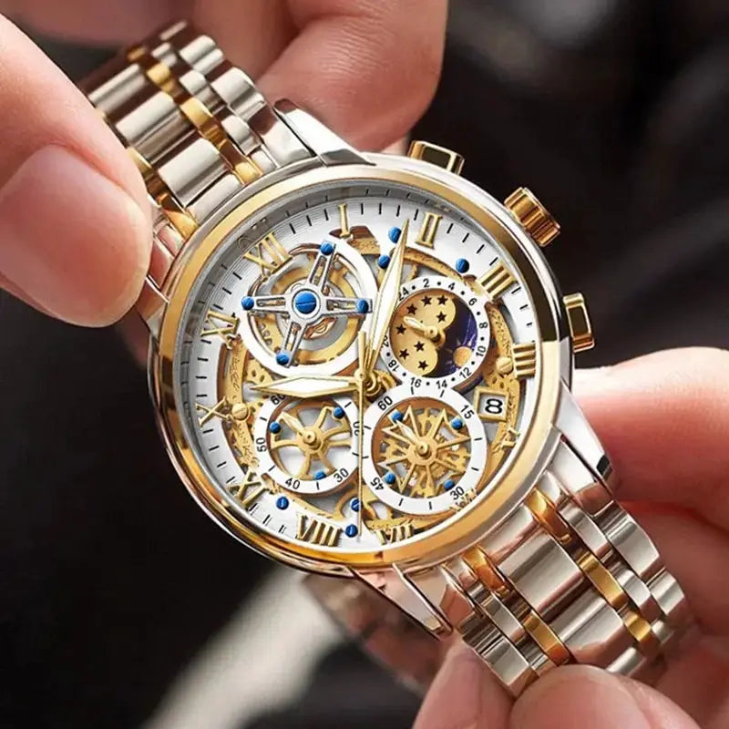 LIGE men's skeleton chronograph watch with gold and silver two-tone bracelet and blue accents