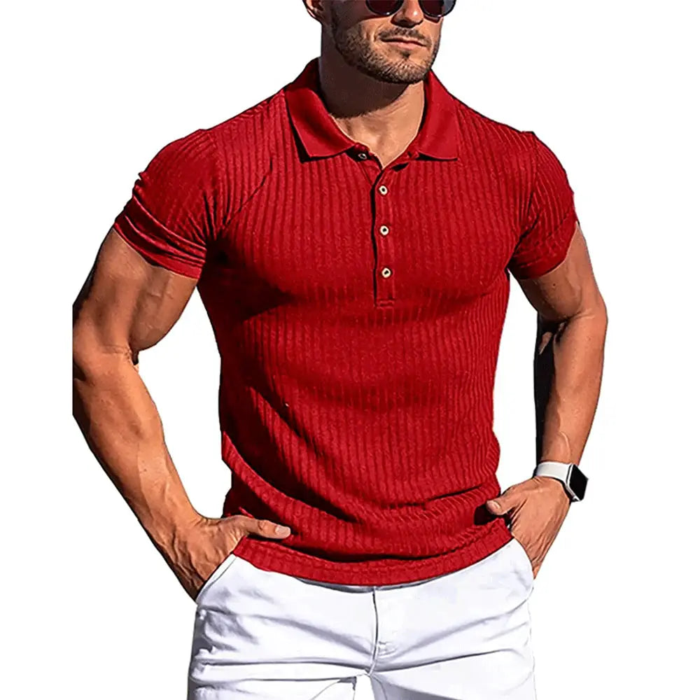 Men's red polo shirt with stand collar, short sleeves, and stretchy fabric