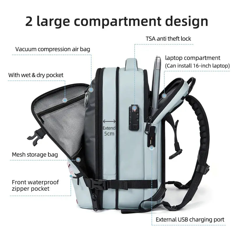 VoyagePro Travel Casual 16 Inch Vacuum Compression Laptop Backpack With USB Charging Waterproof Oxford 40L Expandable