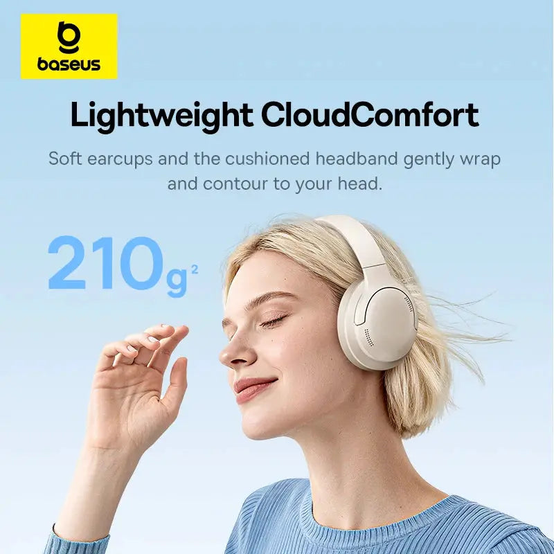 Baseus wireless over-ear headphones in cream color worn by a smiling woman