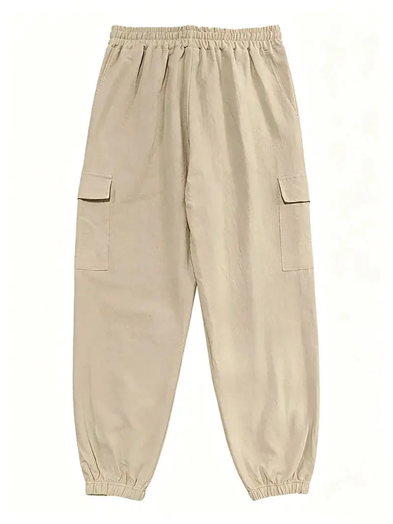Men's cargo jogger pants in beige cotton-linen blend with elastic waist, drawstring, and multiple cargo pockets.
