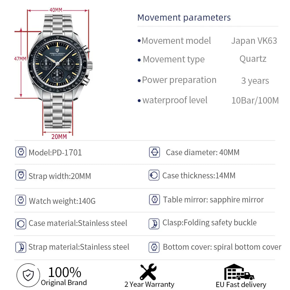 Pagani Design PD-1701 stainless steel men's quartz chronograph watch with black dial