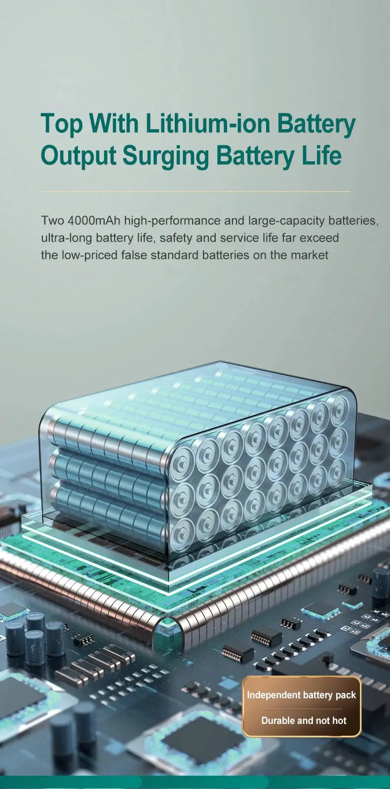 Multifunctional handheld vacuum cleaner by Simples Market; graphic of lithium-ion battery pack on circuit board.