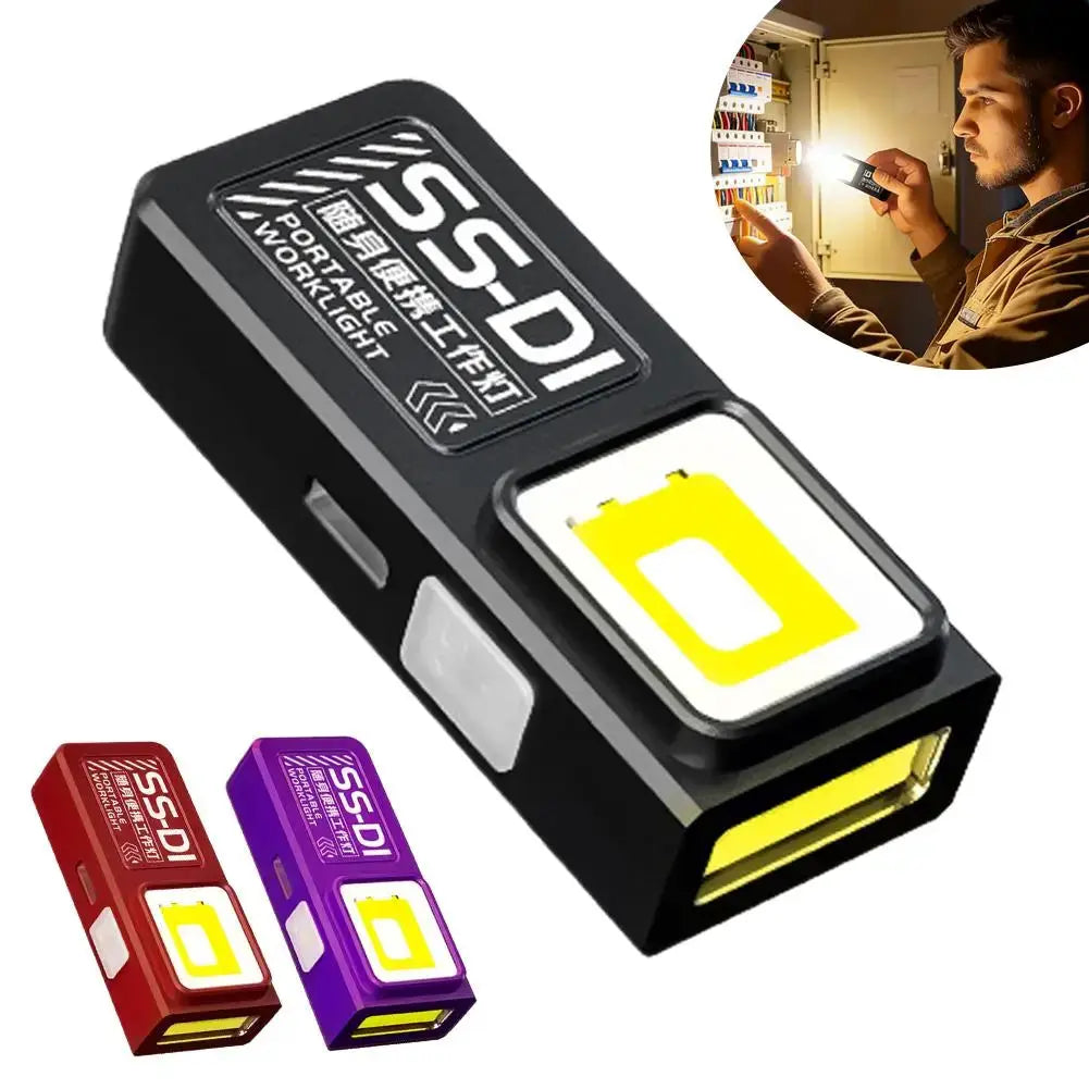 SS-DI mini COB LED keychain flashlight USB-C rechargeable pocket light; waterproof, 3 color variants shown