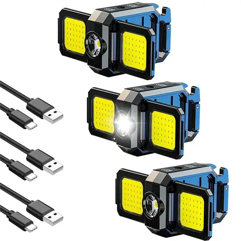 Simples Market mini USB COB work light with 90-degree foldable side lights, blue/black body and dual yellow panels