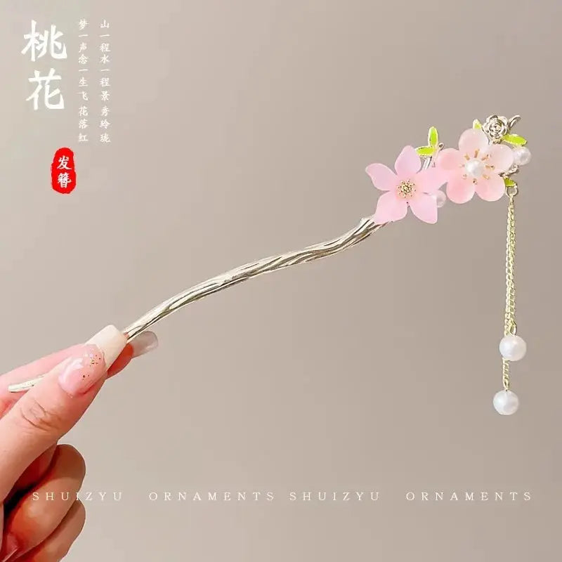 Elegant Chinese Style Romantic Enameled Flower Tassel Hair Clip Alloy Jewelry Hairpin For Women Fashion Accessory