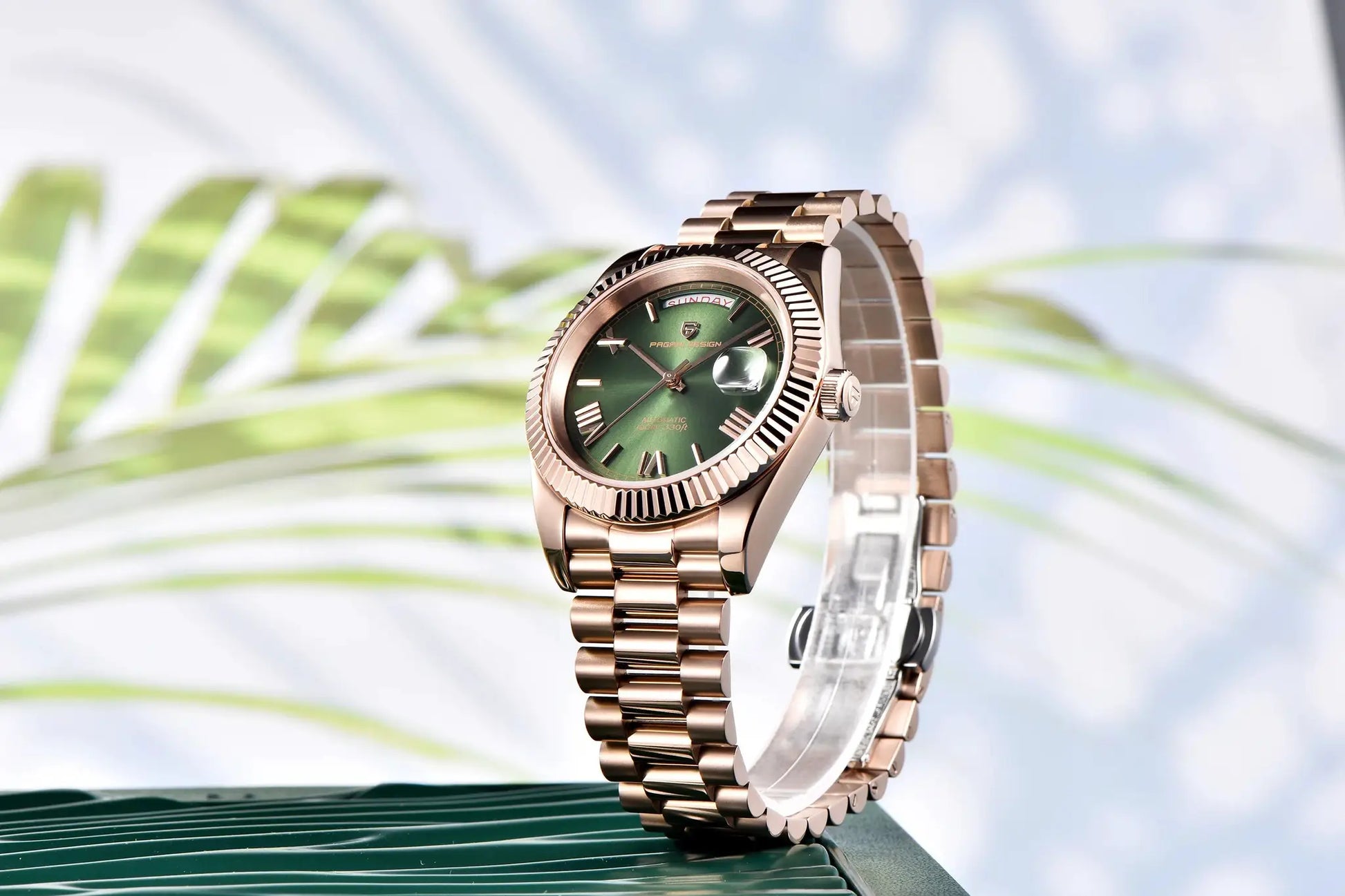 Pagani Design rose gold DD40 automatic men's watch, stainless steel bracelet, green dial