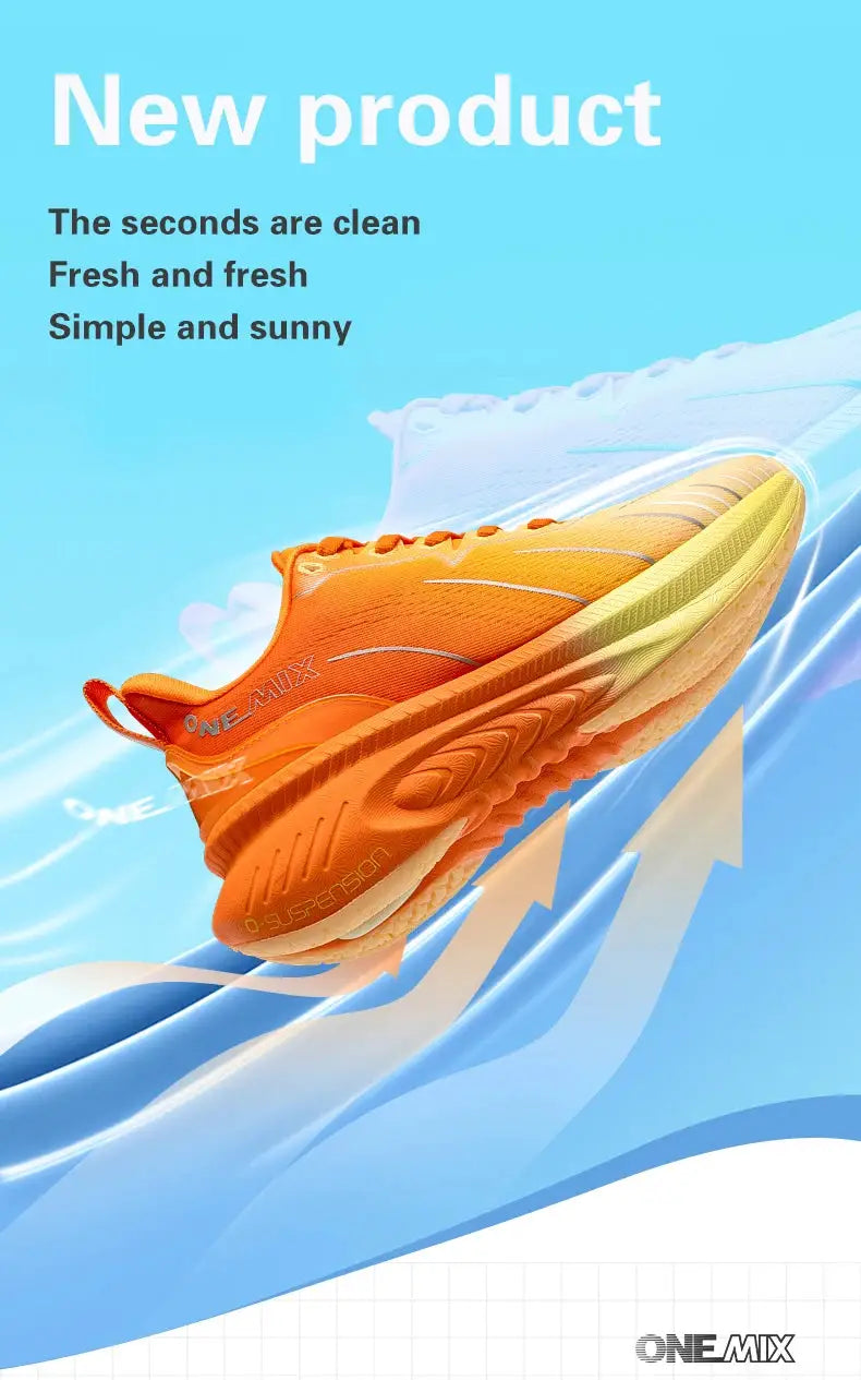 ONEMIX orange running shoe with lace-up front and cushioned sole.