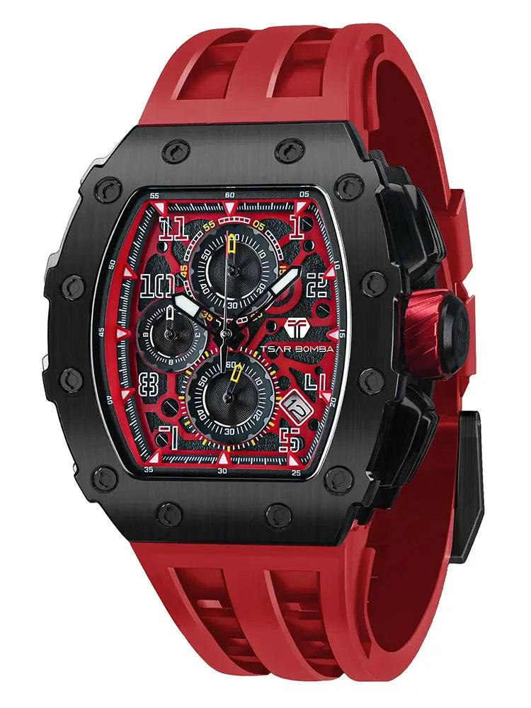 TSAR BOMBA men's watch with red silicone strap, black stainless steel tonneau case, chronograph dial