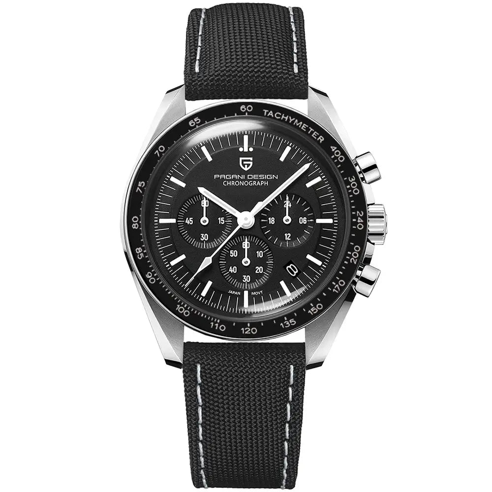 PAGANI DESIGN PD1701 chronograph men's watch with black dial, silver case, and black fabric strap