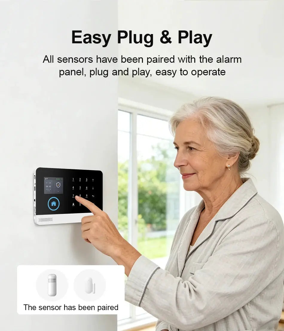 PGST wireless alarm system panel with wall-mounted touchscreen keypad and paired PIR sensor; Simples Market