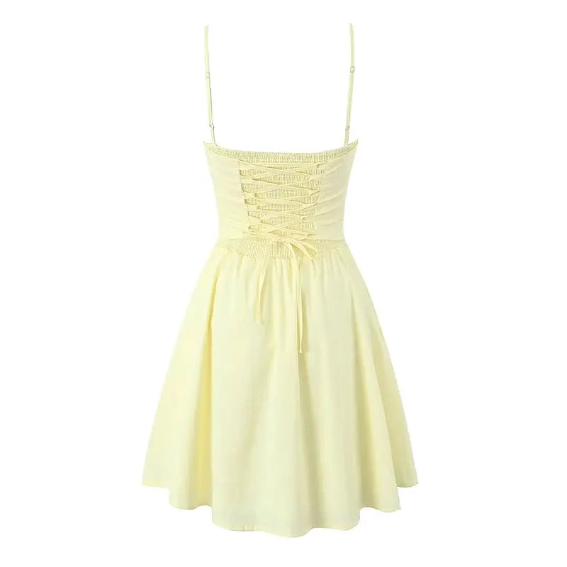 Yenkye Sexy Elegant Fishbone Waist Mini Dress Yellow Lace Up Back