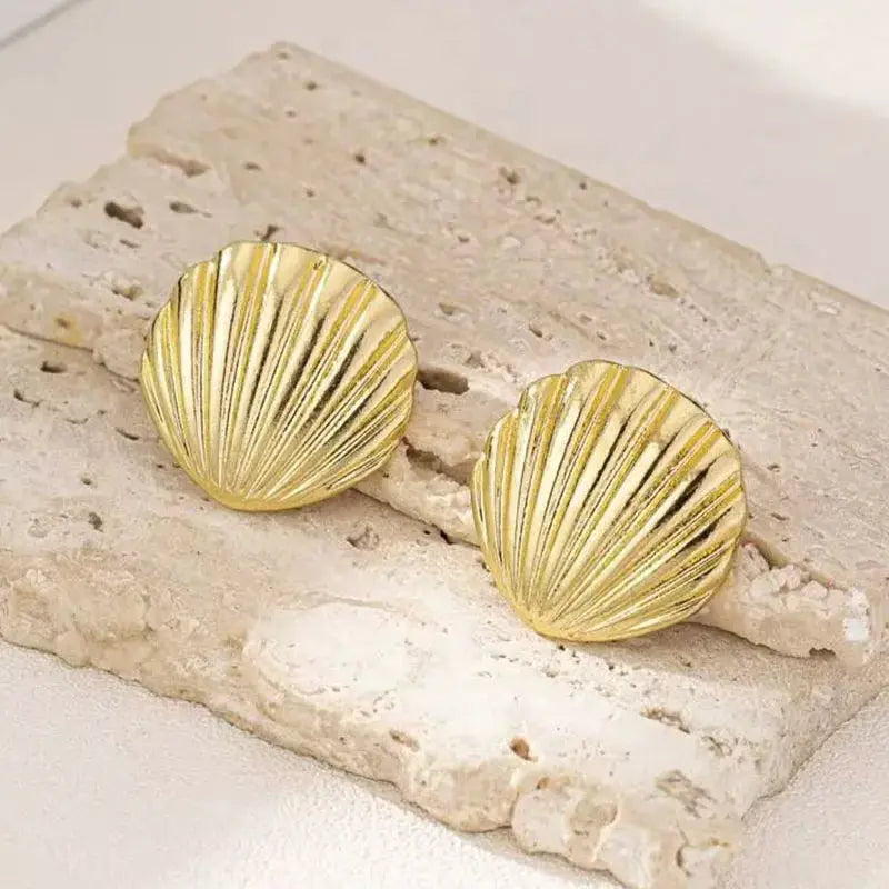 Gold-tone shell-textured stud earrings, pair for daily wear