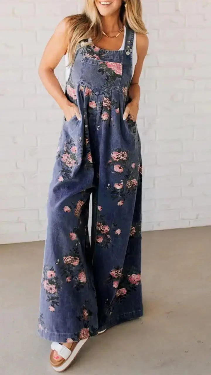 Denim floral print sleeveless jumpsuit for women with pockets and wide-leg blue denim