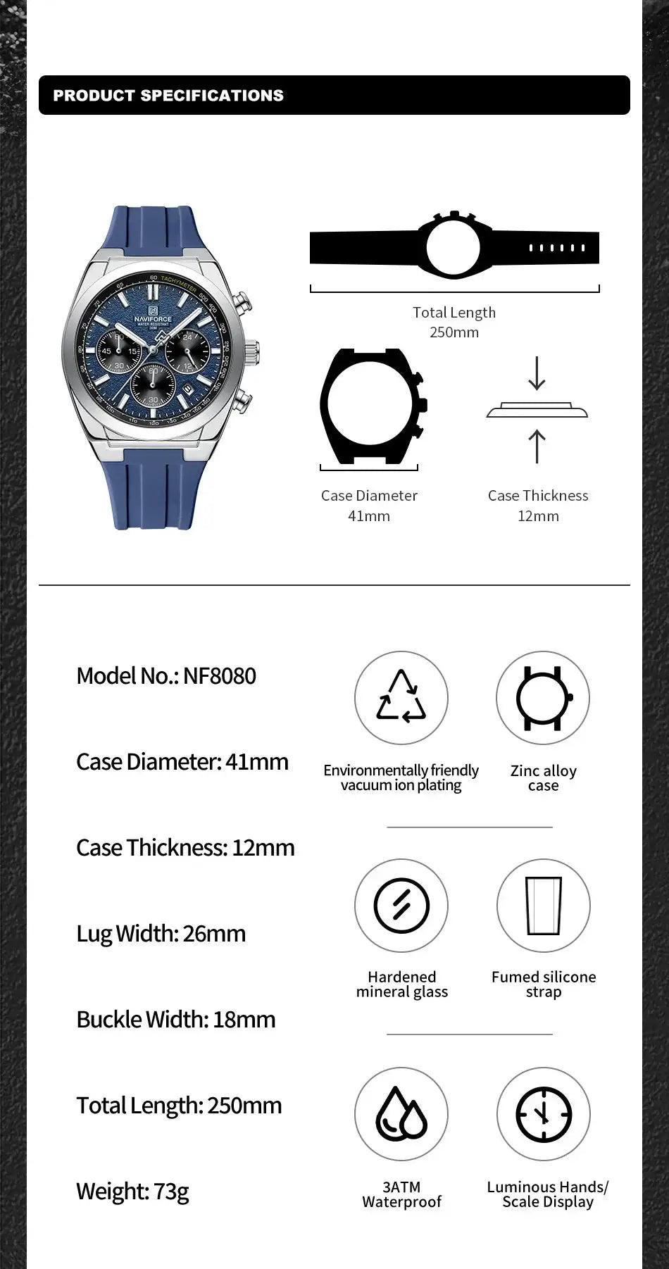 NAVIFORCE men’s chronograph watch with blue silicone strap and stainless steel case, blue dial, 3ATM waterproof