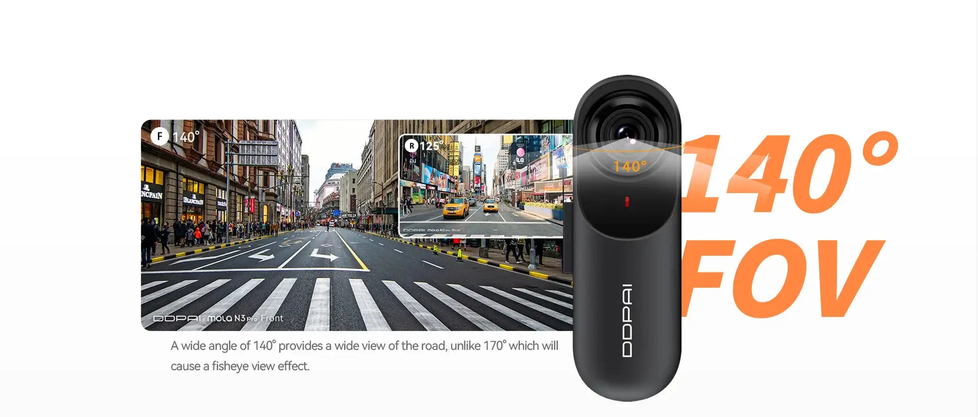 DDPAI Mola N3 Pro dash camera, black car DVR with 140° FOV display