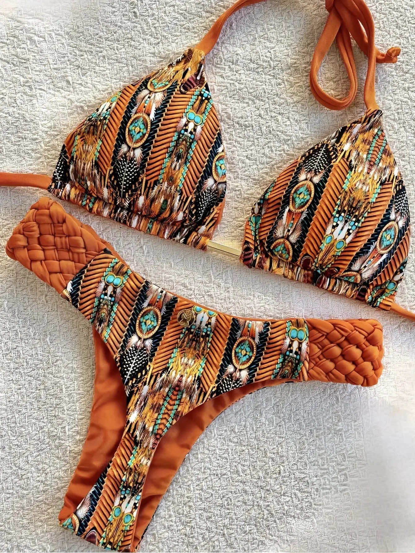 RUOTONSEPT halter bikini set, orange tribal print with turquoise accents and high-cut thong bottoms