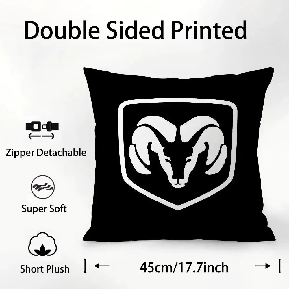 D-Dodges car logo pillow cover, black plush fabric, double-sided white ram head shield print, zipper detachable