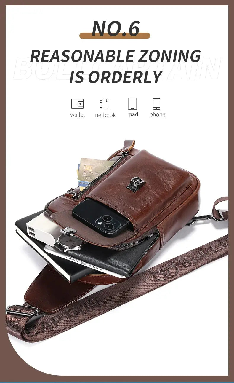 BULLCAPTAIN brown genuine leather chest bag with crossbody strap and 7.9-inch phone pocket