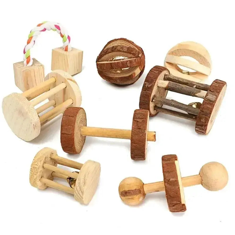 Wooden pet chew toys 6pc set in natural pine for guinea pigs and rodents; includes dumbbell, roller and ball shapes
