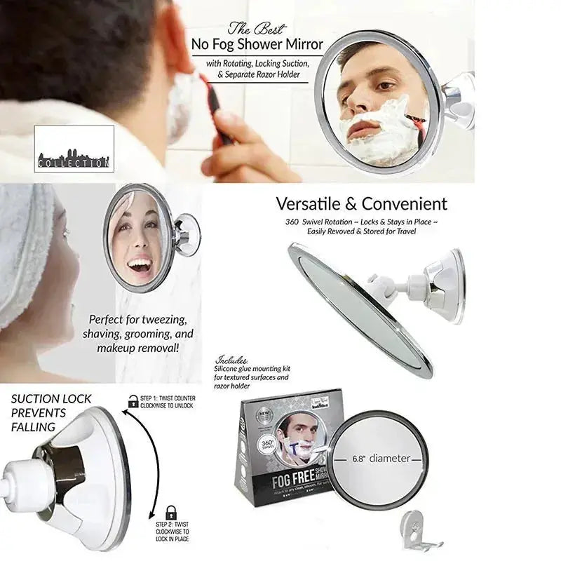 Simples Market fogless makeup mirror with suction cup, 6.8in diameter, 360 degree rotation, wall-mount with razor holder