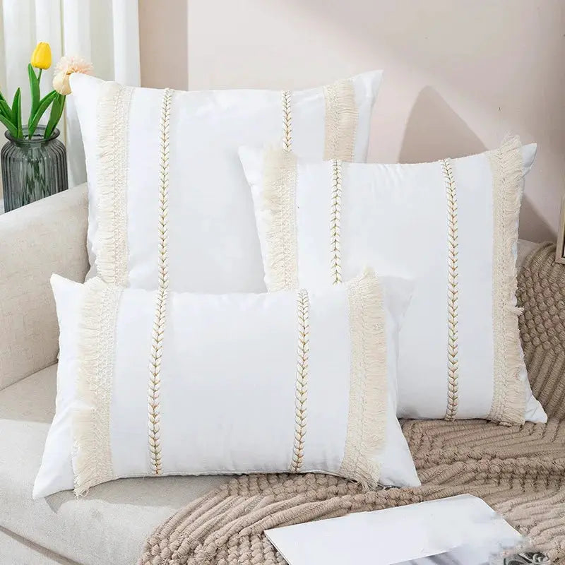 Simples Market bohemian white tassel throw pillow set of 4 for sofa, knitted fringe decorative cushions