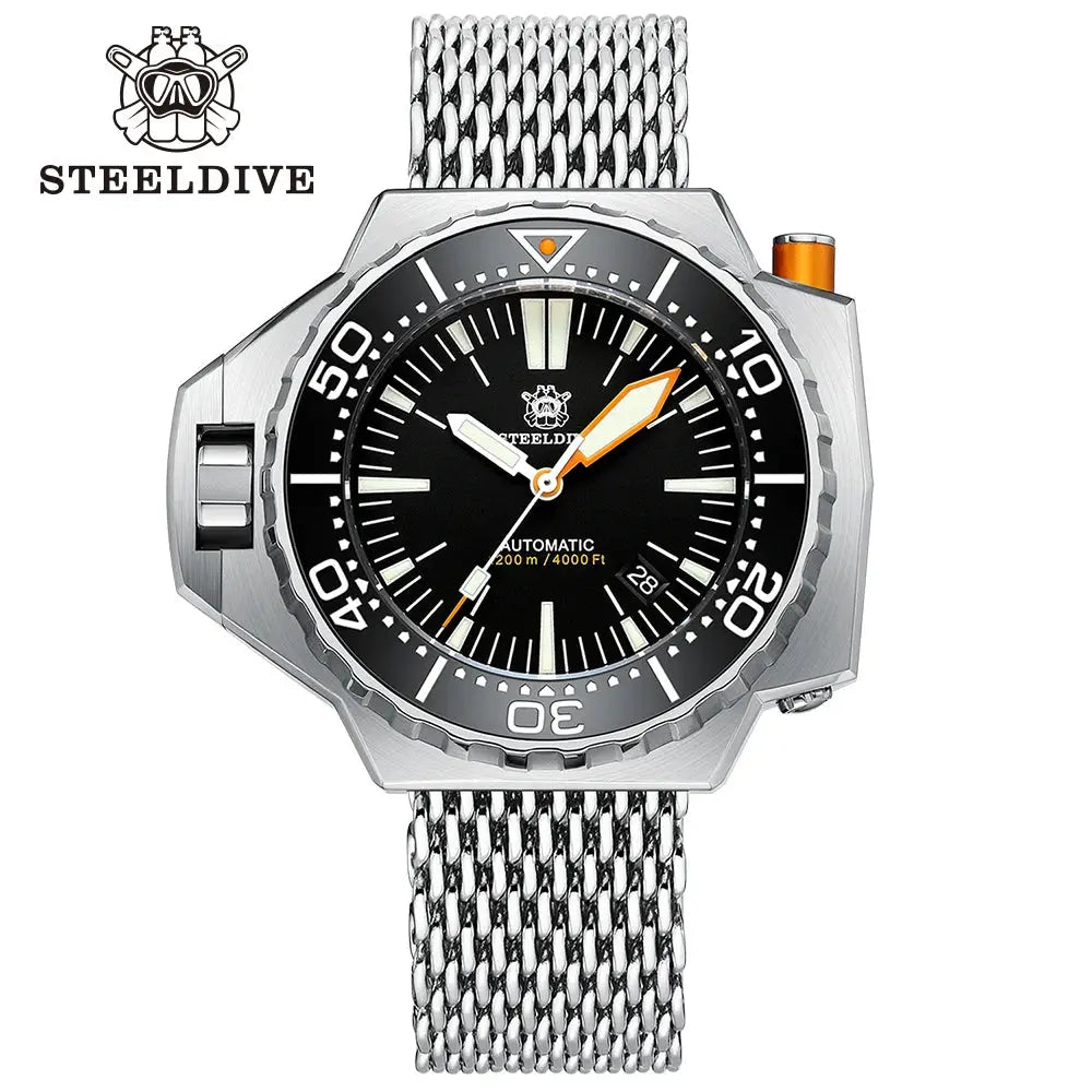 Steeldive Proplof SD1969 V3 dive watch, 56mm oversize, black dial, orange crown, stainless steel mesh bracelet