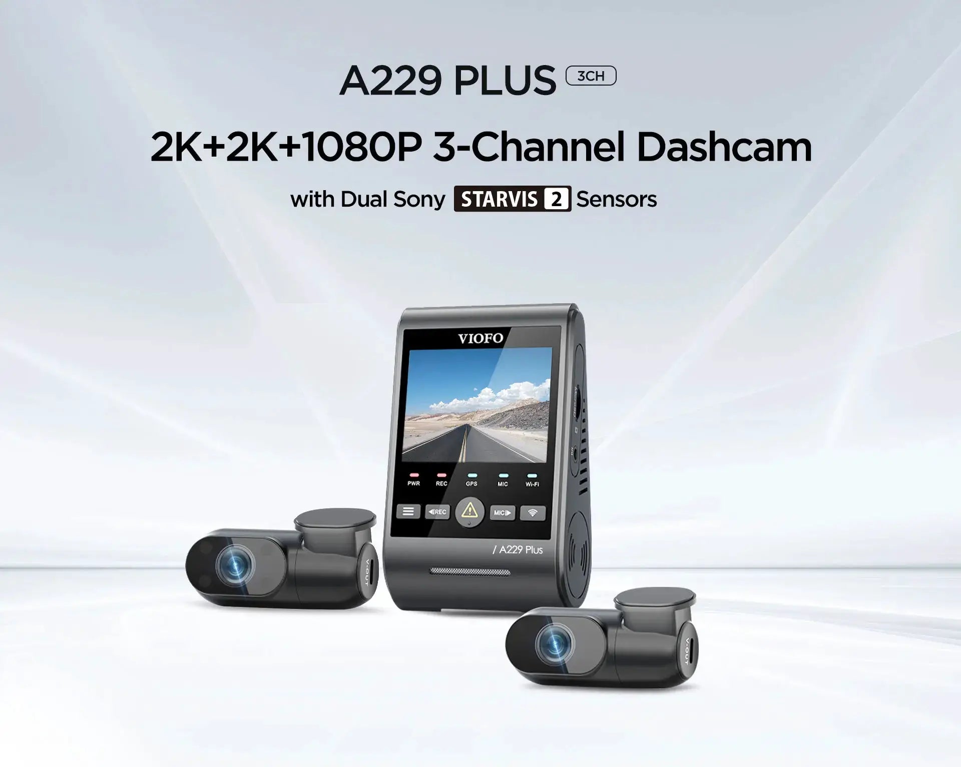 VIOFO A229 Plus black 3-channel dashcam with three cameras, dual Sony STARVIS 2 sensors, 2K+2K+1080P