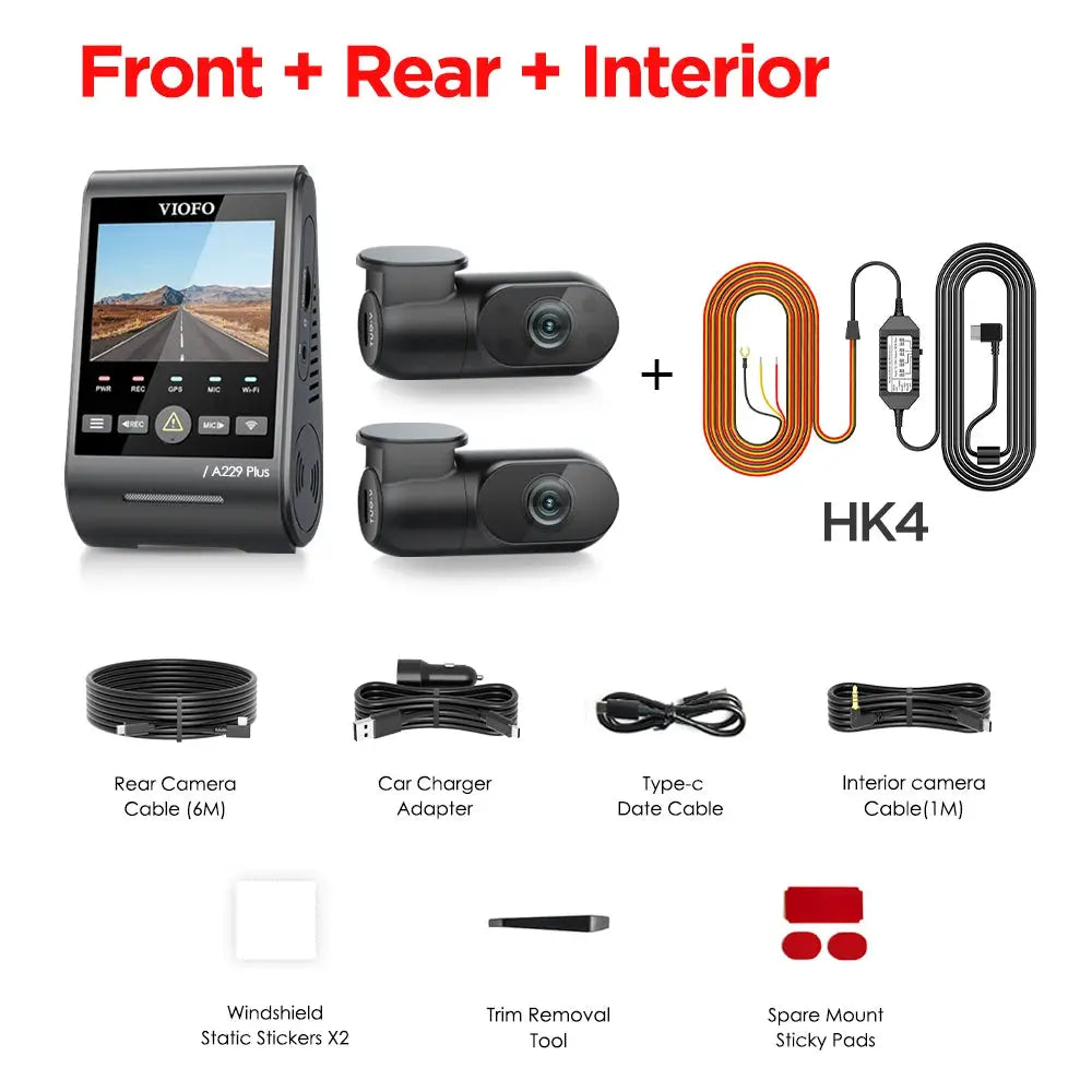 VIOFO A229 Plus car dash cam kit with front, rear and interior cameras (3 cams) plus cables and accessories