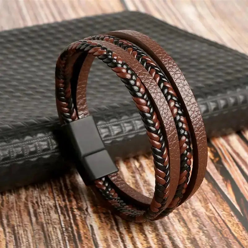 Classic Mens Leather Bracelet Hand Woven Multi Layer Style Fashion Jewelry For Men Durable Casual Accessory