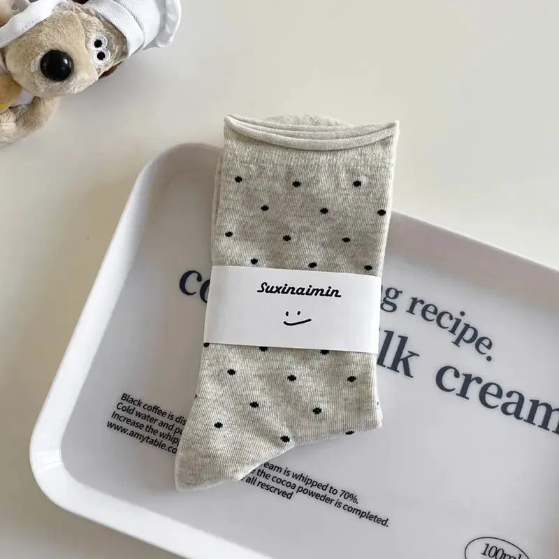 Vintage Cream Curled Edge Polka Dot Mid Tube Socks for Women Spring Summer Artistic Socks