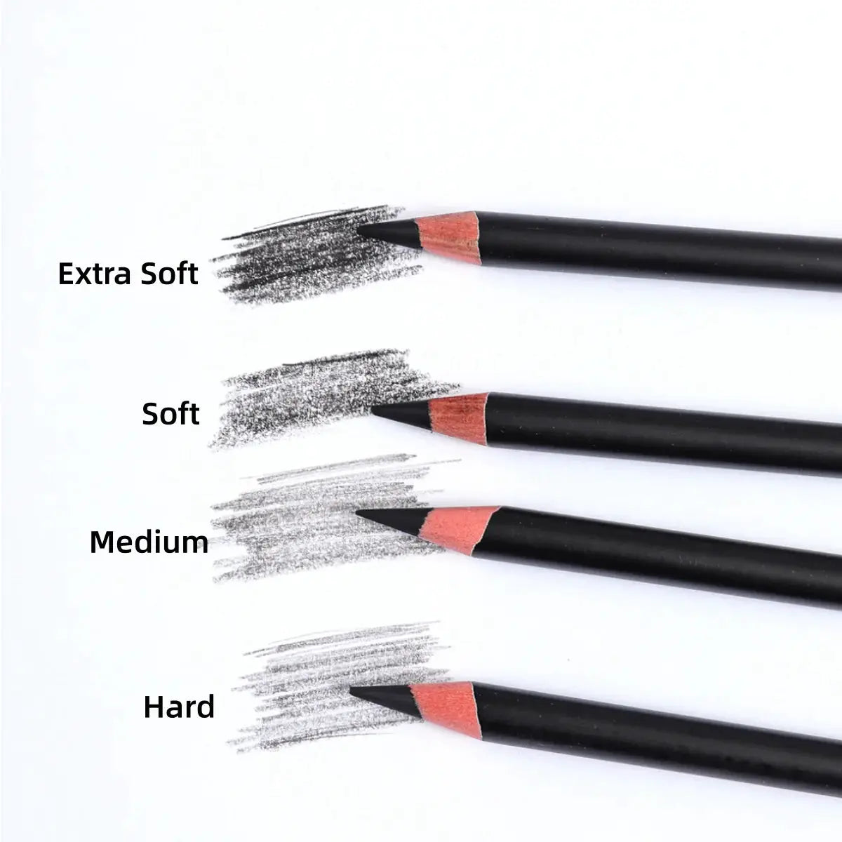 12-piece charcoal pencils set for drawing; four pencils shown with hardness labels Extra Soft, Soft, Medium, Hard