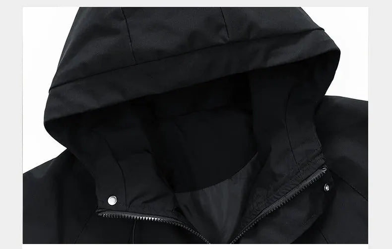 Windbreaker jacket with hood, black, front zipper, lightweight softshell