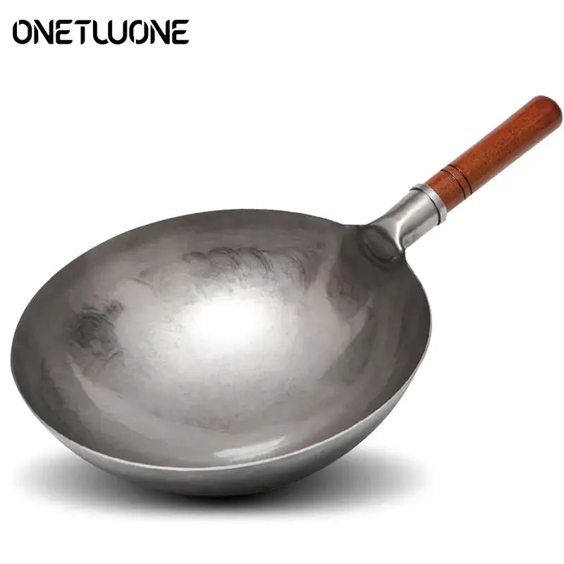 Hand Hammered Iron Wok With Wooden Handle No Coating Traditional Iron Pan For High Heat Stir Fry Kitchen Cookware