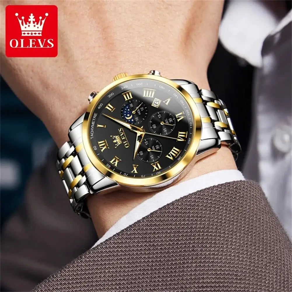 OLEVS men's luxury stainless steel watch with gold bezel, black dial and lunar phase subdials