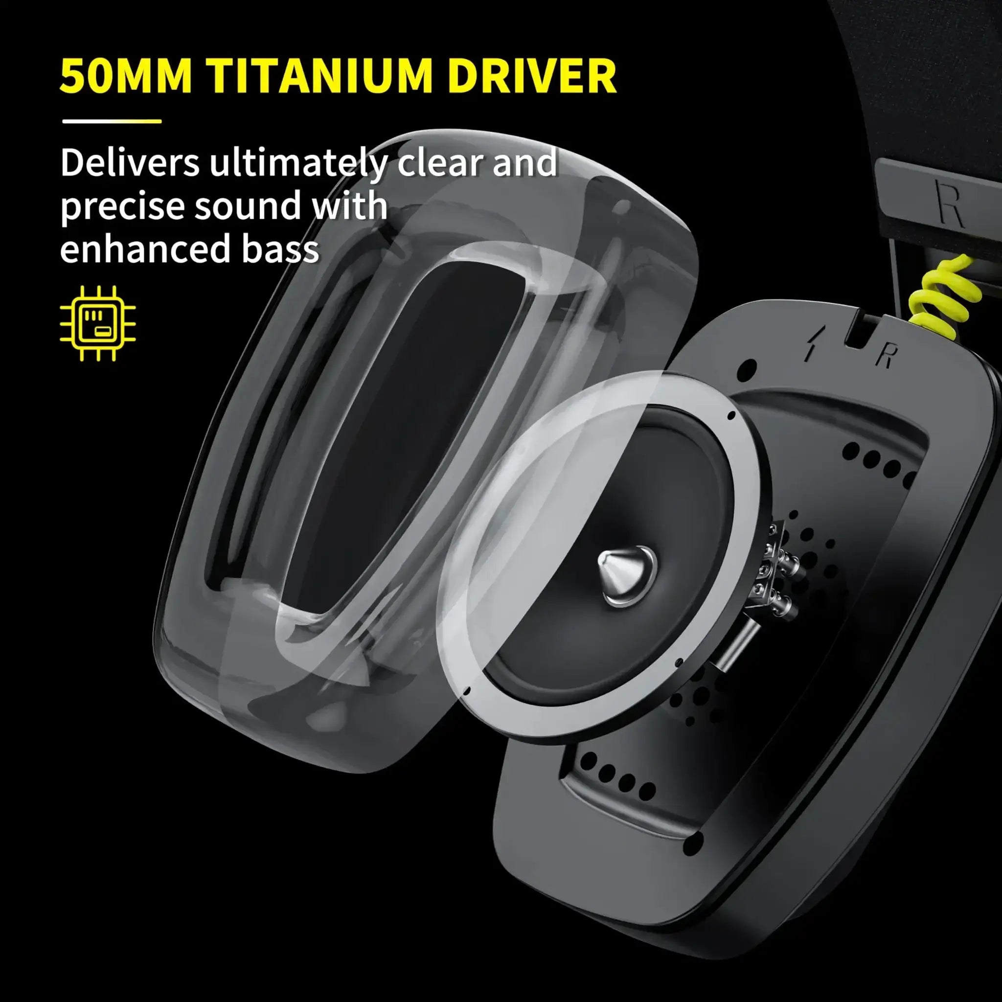 Gaming headset with 50mm titanium driver, close-up on black casing with yellow accents