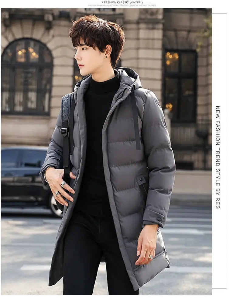 Men's mid-length grey cotton-padded hooded puffer jacket by Simples Market