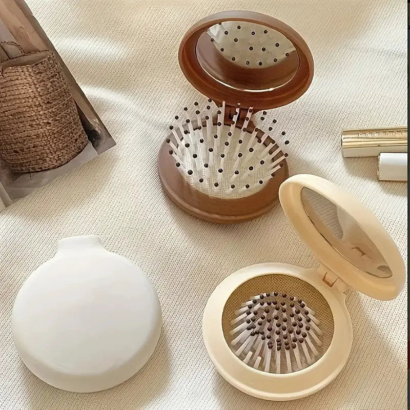 Mini Portable Folding Travel Hair Brush With Mirror For Women Lightweight Plastic Dual Fold Design For Outdoor Use