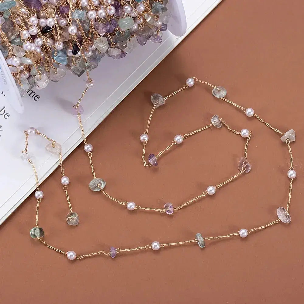 1 Meter Copper Chain With Irregular Stone Beads And 4mm Pearl Bead Links For DIY Jewelry Necklace Bracelet Pendant