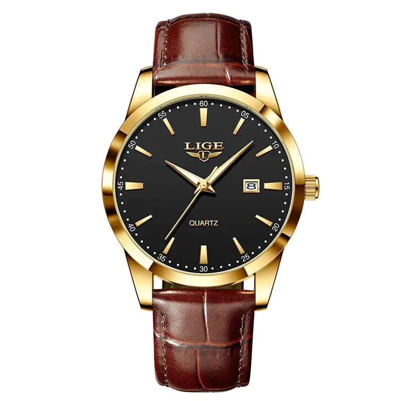 LIGE men's brown leather watch with gold-tone case, black dial, date window, quartz