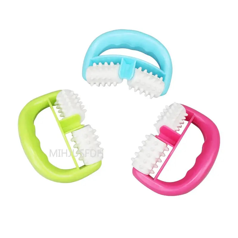 Handheld anti-cellulite roller massager set of 3 by Simples Market in blue, lime green and pink.