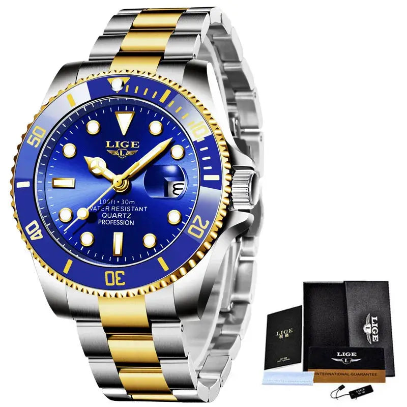 LIGE Luxury Fashion Diver Watch For Men 30ATM Waterproof Quartz Date Stainless Steel Wristwatch