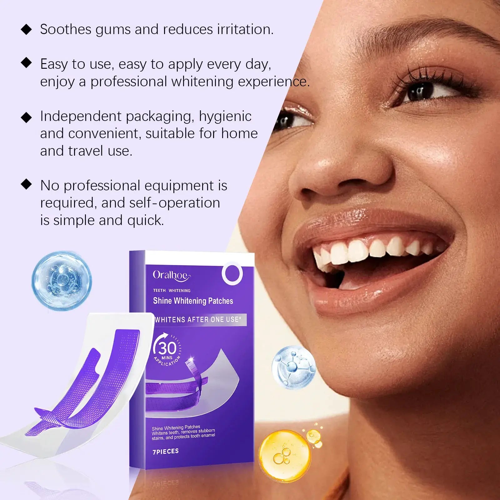 Teeth whitening strips by Simples Market; purple packaging with Shine Whitening Patches for at-home use