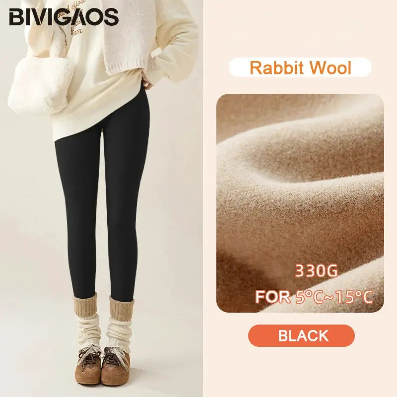 BIVIGAOS black fleece-lined rabbit-wool sharkskin leggings for women