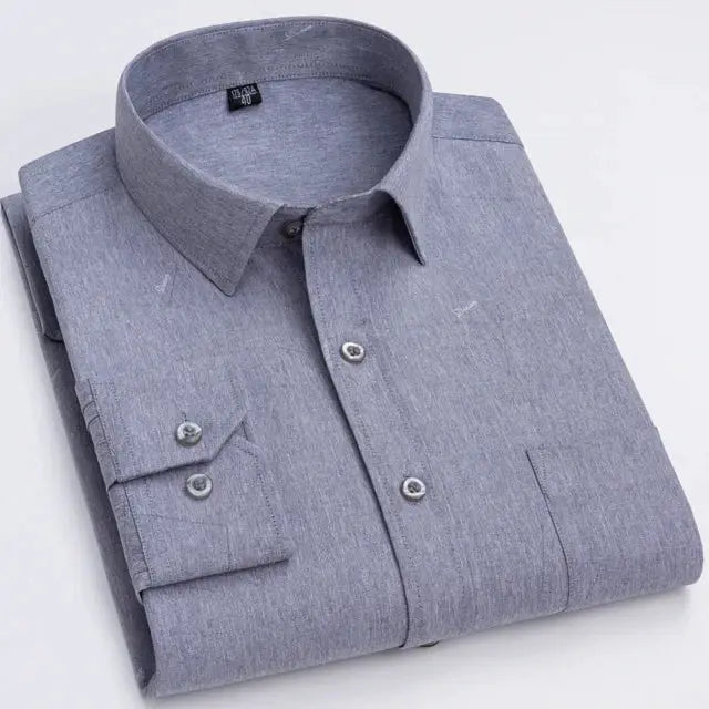 Men's long-sleeve shirt in gray-blue with a single chest pocket, folded for display