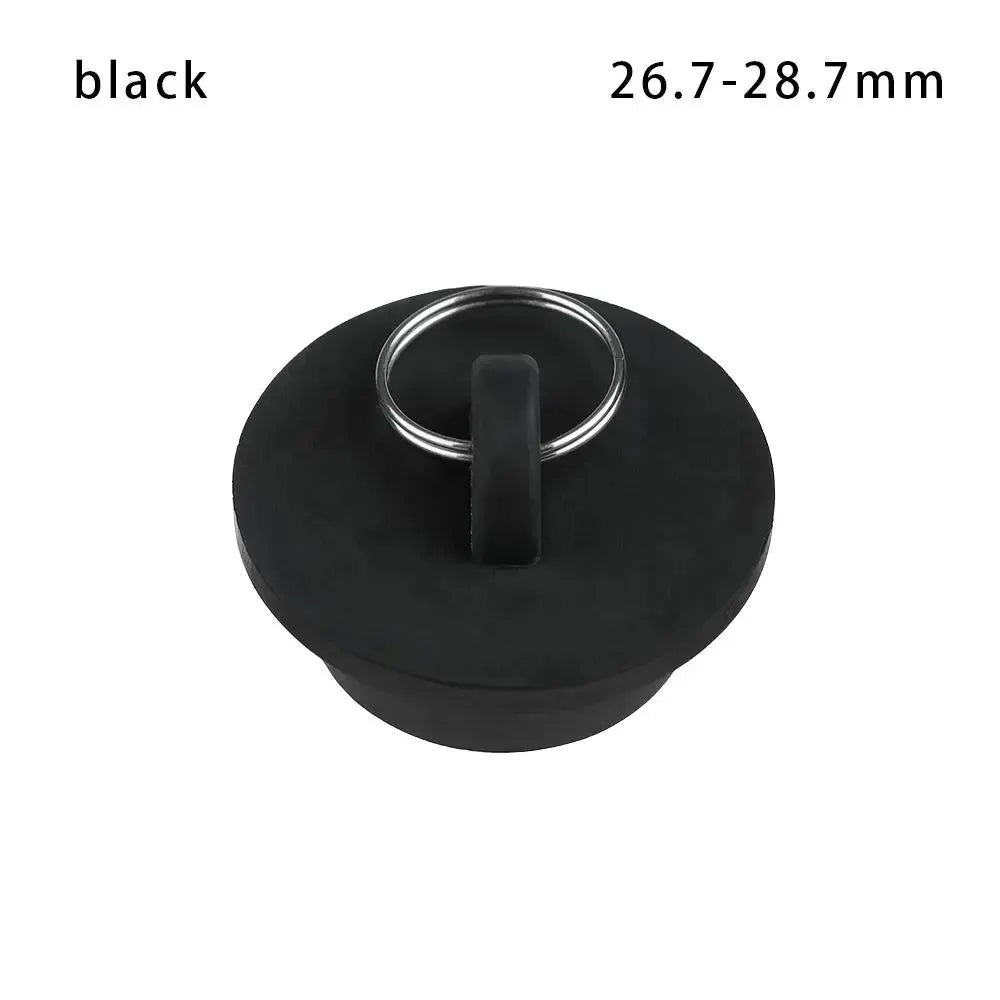 Rubber sink drain plug with metal ring and pull tab, black, 26.7–28.7 mm