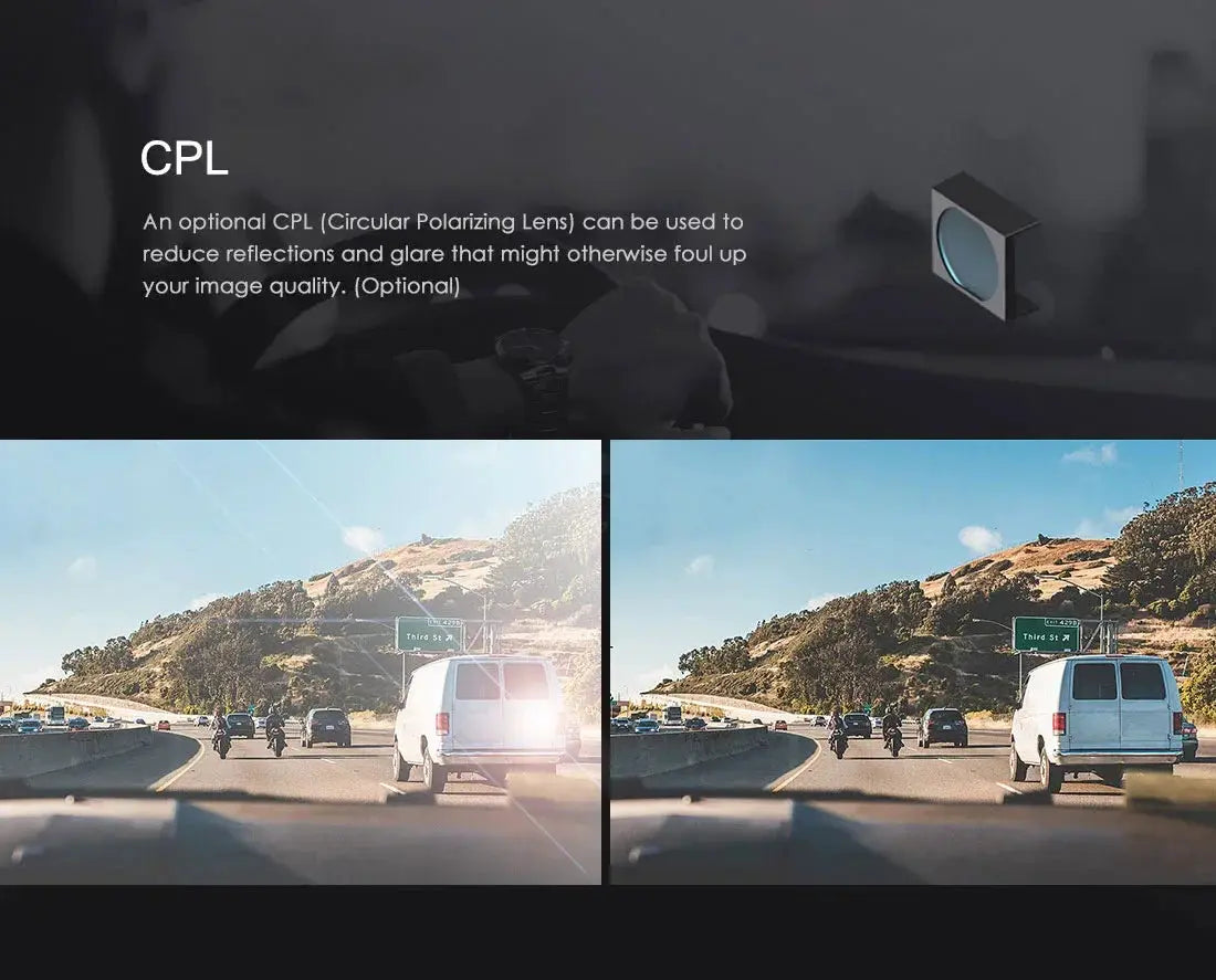 VIOFO A119 V3 2K dash cam with CPL option; Simples Market brand, two side-by-side front highway views.