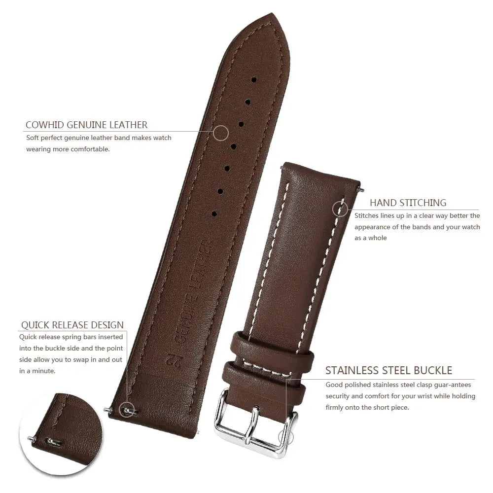 Timely Top Grain Genuine Leather Watch Band Quick Release For Easy Swaps Fits 12 To 24 Mm