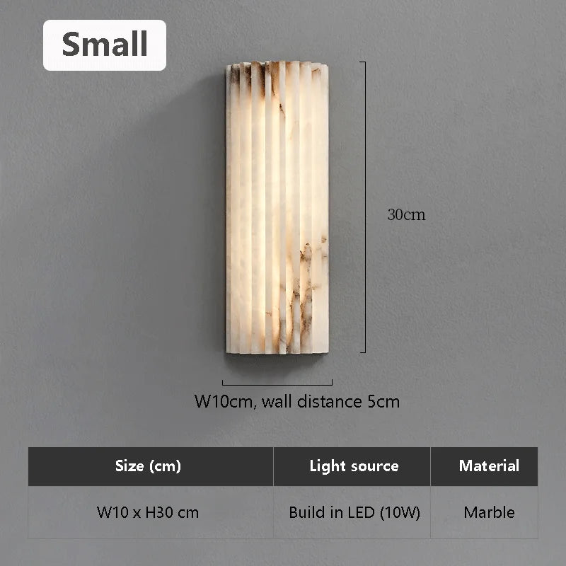 Marble wall lamp by Simples Market; small vertical LED bedside sconce with beige marble stripes